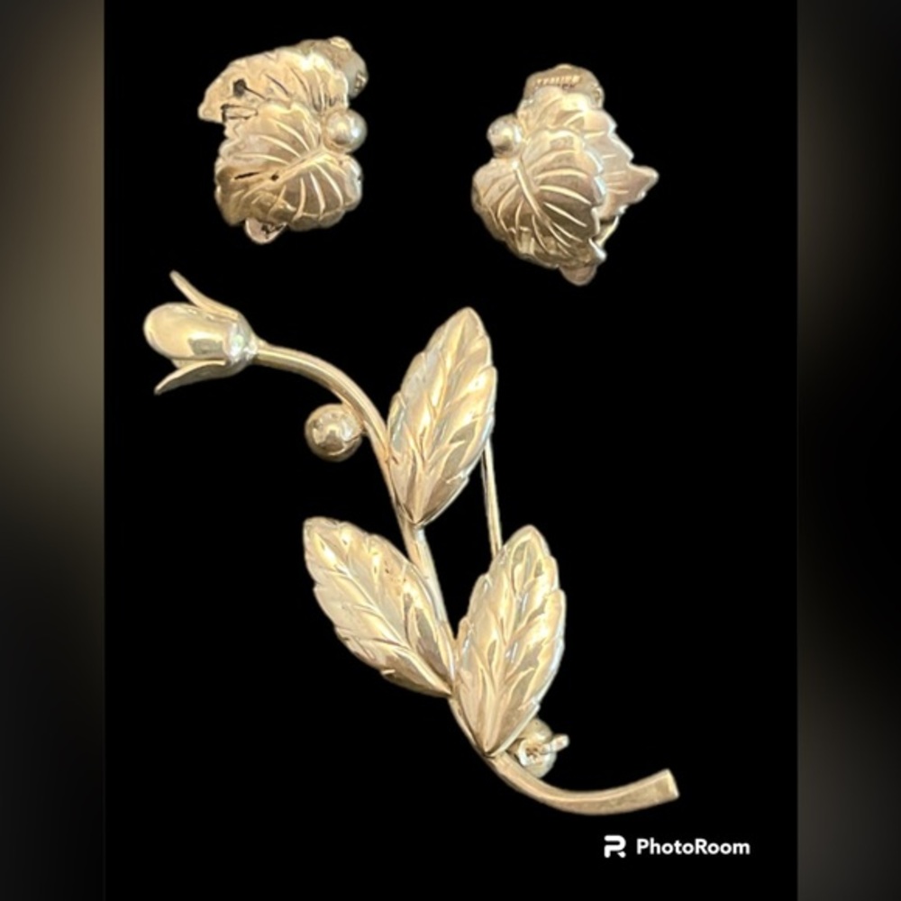 Vintage Stamped Sterling 925 Denmark Silver Flower Brooch and Clip on Earrings